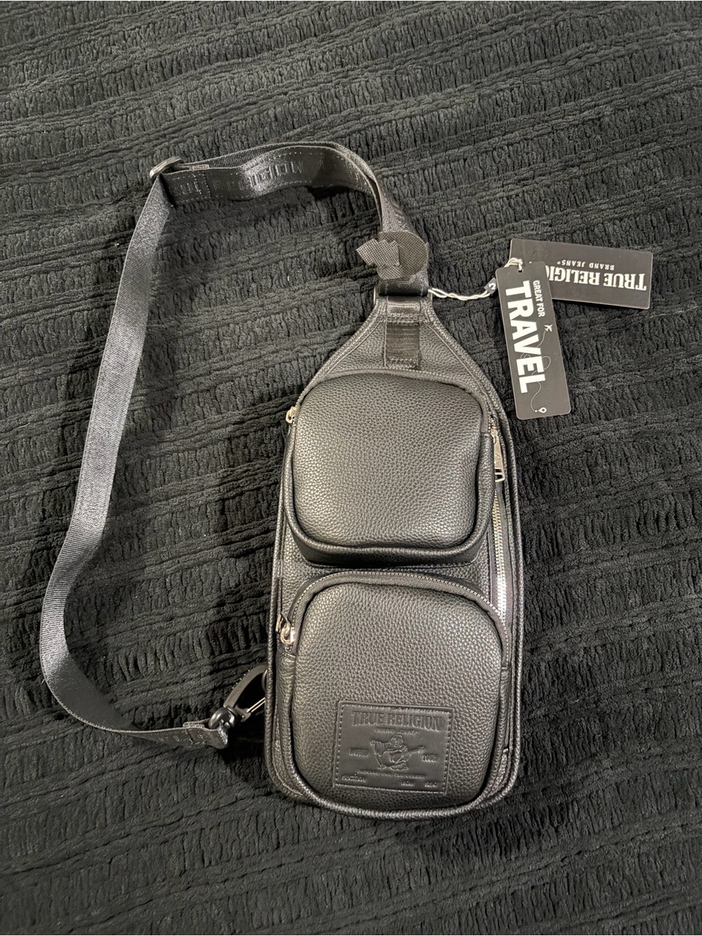 True Religion Black Leather Crossbody Sling Bag